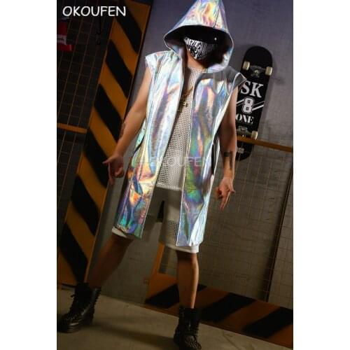 Colorful PU Laser leather Hooded Sleeveless Cloak Nightclub Bar Singer DJ Stage Dress Hiphop Long Jacket Costume