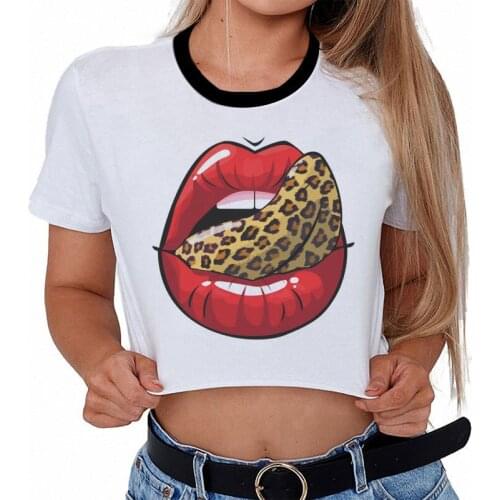 Summer fashion Harajuku Sexy tank Crop Top White T Shirt Clothes Women Red Lips Leopard Distressed Print Croptop Short sleeve