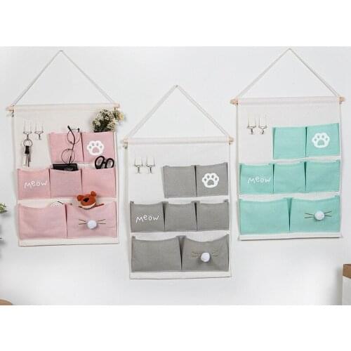 Cartoons 7 Pockets Wall Hanging Storage Bags Cotton Linen Door Organizer Waterproof Pouch Bedroom Home Wall Decoration