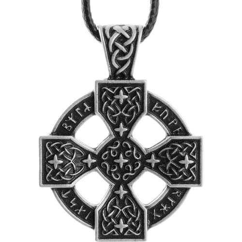 LANGHONG 1pcs Elder Futhark Sunwheel Solar Cross Pendant Necklace Norse Viking Rune Pewter Necklace