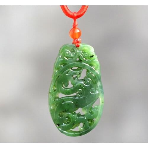 Certificate) Natural Green Nephrite Pendant two-Sides Hollow Out Chinese Dragon Pendant Necklace Womens Fine Jade Jewelry