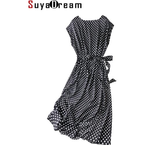 SuyaDream Woman Long Dress 19mm Silk Satin Dots Printed Bat Sleeved Sashes Dresses Black 2021 Spring Summer Dresses