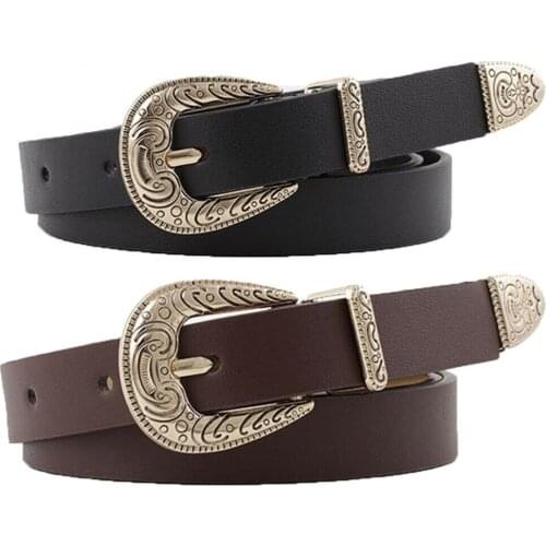 2020 New Ladies Faux Leather Fashion Decorative Carved Belt Retro Joker Buckle Thin Western Belt Ladies Waist Band