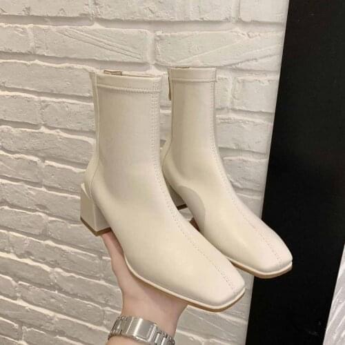 Sexy Square Heel Boots Womens Fashion Pointed Toe Zipper Short Boots Womens Fall 2021 Hollow High Heels Womens Boots