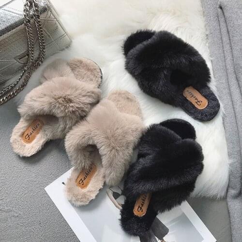 Apanzu slippers women winter Fluffy Slippers Shoes Cross Belt Fur Slippers room Slides Sweet Cute Home Indoor Ladies Furry shoes
