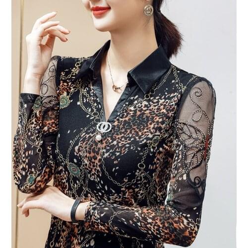 Mothers Leopard Print Top 2021 New Autumn Long Sleeve Turn Down Collar Womens T-Shirt Plus Size Mesh Shirt Blusas