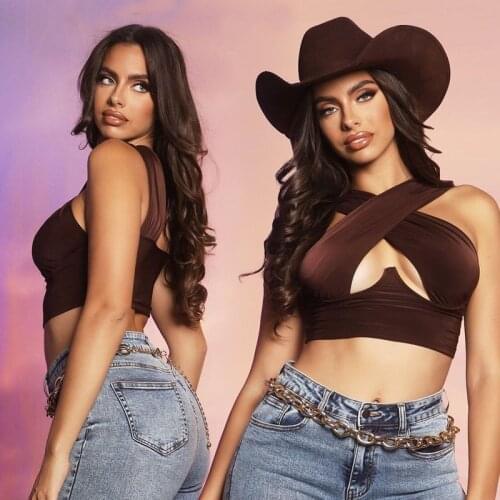 Tank Tops Cross Strap Sexy Women Crop Top V-collar Short Halter Pleats Backless Vest For Female Clubwear Party Summer Camis