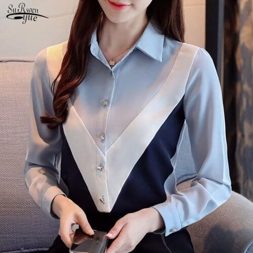 2020 Autumn New Long Sleeve Lapel Chic Chiffon Blouse Women Korean Loose Slim Fashion Stitching Bottoming Shirts Blusas 10750