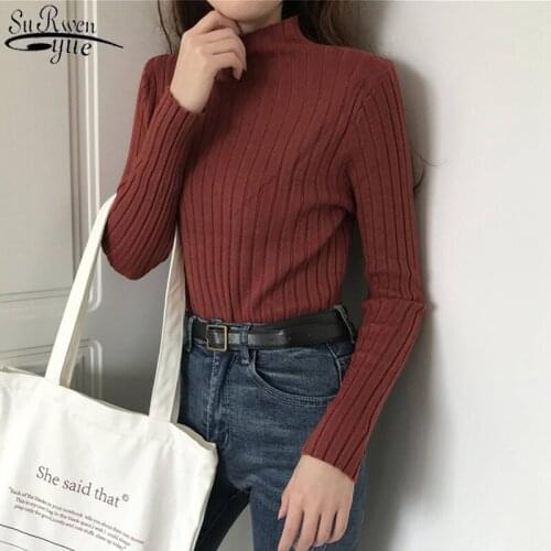 Korean Clothes Half-Collar Bottoming Sweater Womens 2021 New Autumn Long Sleeve Pullover Slim-Fit Solid Female Pullover 10605