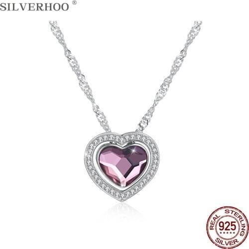 SILVERHOO 925 Sterling Silver Heart Pendant Necklaces For Women Pink Austria Crystal Detachable Dual Purpose Necklace Hot Sale