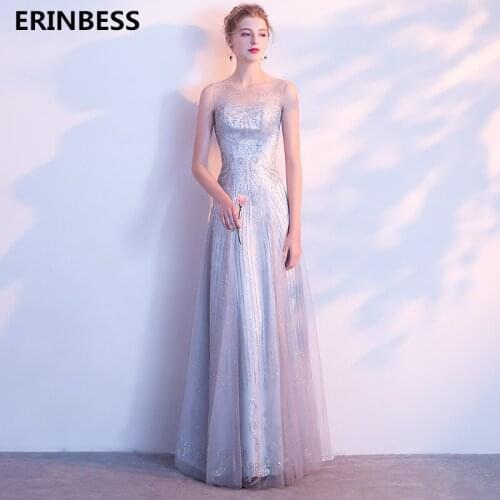 Vestidos De Festa Sliver Gray A-line Evening Dress Elegant Robe De Soiree Scoop Neck Evening Dresses Long Dress Party Gowns 2019