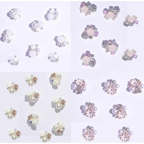 8 Styles (JE407-JE414) Nail Flower Jewelry Decoration White Pink Rose Flower Pearl Jewelry Nail Tip Art Accessory Jewelry x10pcs