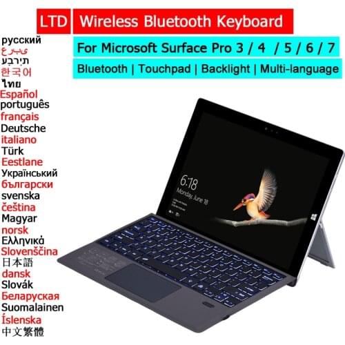 Bluetooth Wireless Keyboard For Surface Pro 3 4 5 6 7 Trackpad Backlit Russian Arabic Hebrew Thai Korean Spanish French Keyboard