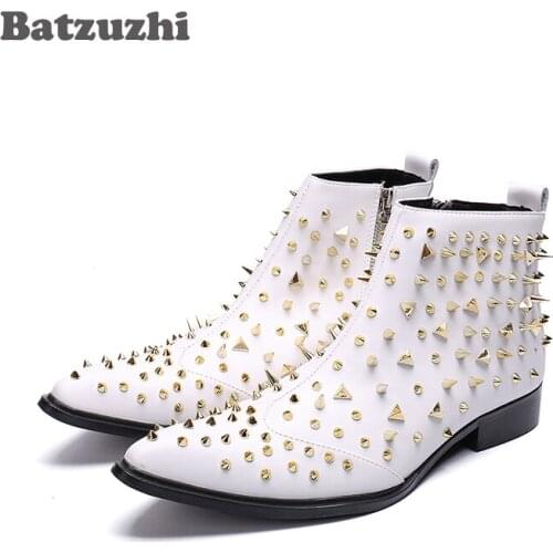 Batzuzhi Handmade Boots Men White Rivets Ankle Men Leather Boots Pointed Toe zapatos de hombre White Wedding Party Boots Men