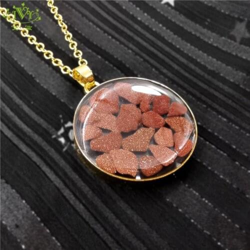 IVR Handmade Natural Shining Goldstone Pendant Necklace for Women Gold Chain Long Chain Necklaces Statement Jewelry Trinket Gift