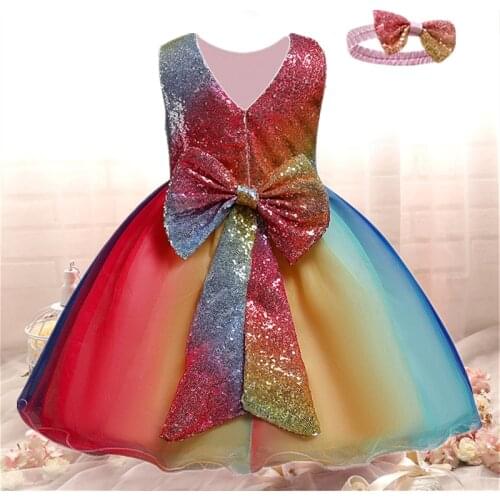 Baby Kids Girls Princess Dress +Headband 1st 2 Year Birthday Party Rainbow Tutu Christening Gown Sequined Baptism Clothing