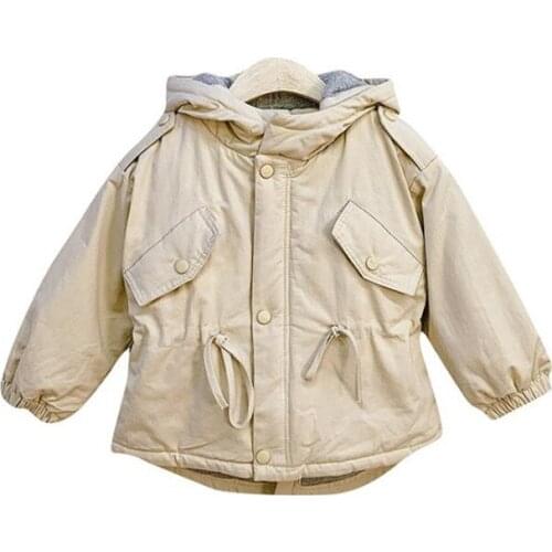 DFXD Kids Clothes Girls Winter Plus Cotton Trench Coat Fashion Solid Color Thicken Warm Hooded Jacket Loose Children Outwear