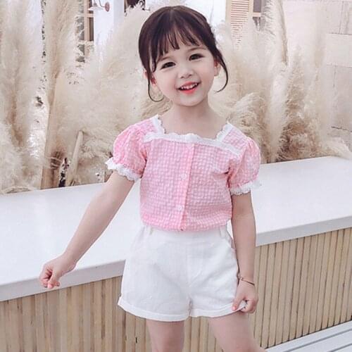 DFXD Summer Children Clothes Toddler Girls Clothing Set Fashion Pink Plaid Lace Shirts Tops White Shorts Pants Two-piece 1-7T
