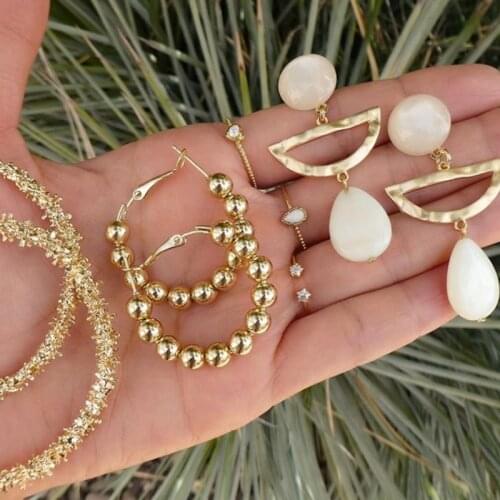 Docona Boho Gold Circle Pearl Drop Dangle Earring for Women Girl Geometric Pendant Earring Brincos 3pair/set 8974