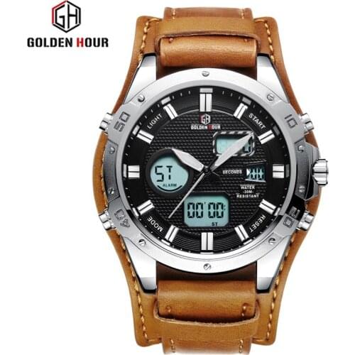 GOLDENHOUR Leather Sport Men Analog Quartz Wrist Watch Army Military Date Clock Dual Display Fashion Outdoor Relogio Masculino