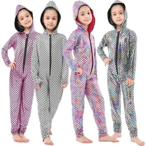 Spandex Boys Hooded Jumpsuits Baby Girl Mermaid Faux Leather Sequin Bodysuits Kids Zentai Sliver Jumpsuit Onesies Cosplay Cloth