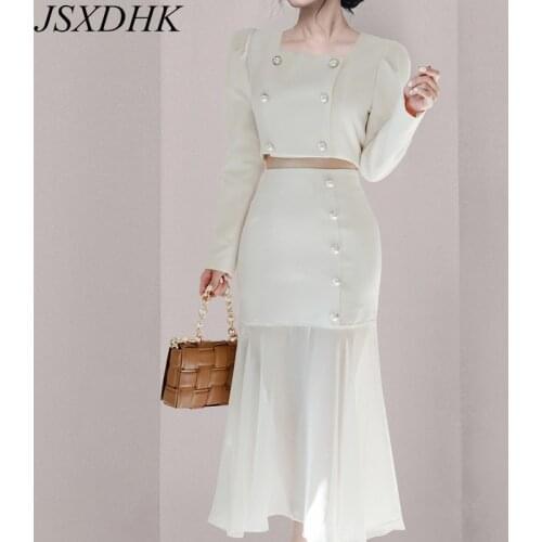 New Arrival Fashion Women Sets Chic Autumn White Double-Breasted Short Suits Jacket + Button Mesh Patchwork Mermaid Skirt Suits