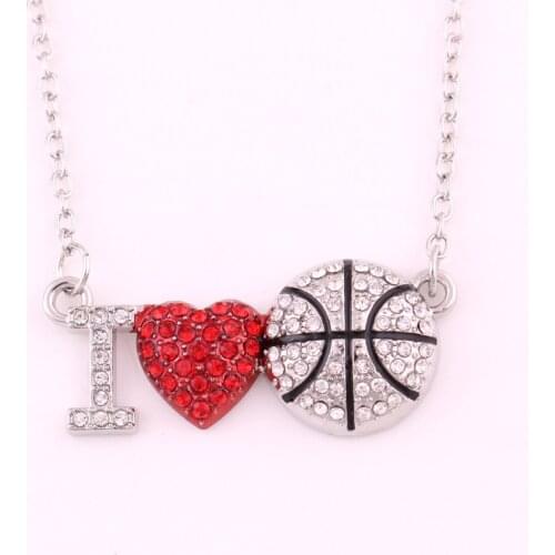 Hot Selling zinc studded with sparkling crystal I LOVE BASKETBALL charm link chain necklace
