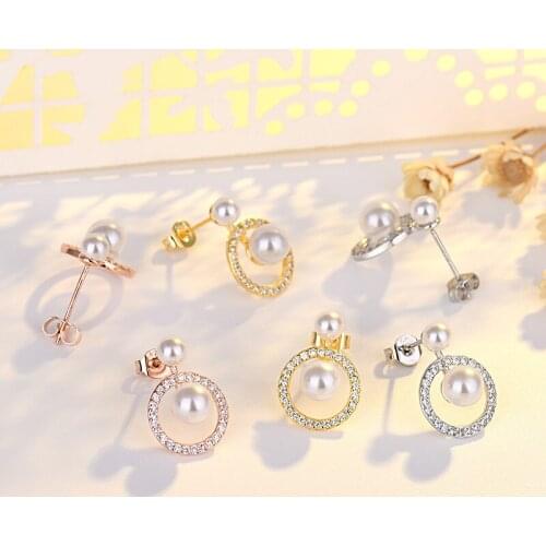 Fashion Tiny Round Stud Earrings For Women Shiny Micro Crystal Full Paved Imitation Pearls Charm Female Piercing Earring Jewelry