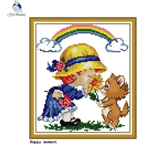 Happy Moment Counted Cross Stitch Kit Little Girl and Animal DIY Cartoon Pattern 14CT11CT Canvas Print Embroidery Needlework Set
