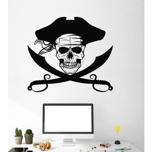 Sea Skull Wall Stickers Kids Room Wardrobe Art Decoration Pirate Skeleton Swords Nautical Vinyl Wall Decal Door Decor Z281
