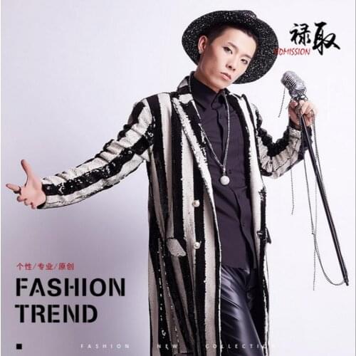 S-4xl New Black White Stripe Stitching Sequins Blazers Men Personalized Dj Slim Long Suit Coat Singer Nightclub Stage Costumes