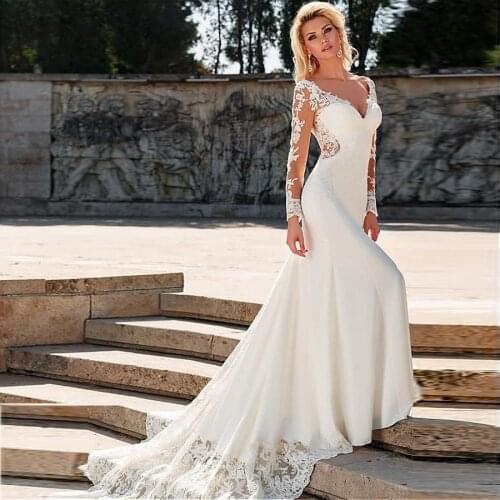 Charming Four Way Spandex V-neck Neckline Mermaid Wedding Dress With Lace Appliqes Long Sleeves Sexy Brdial Dresses