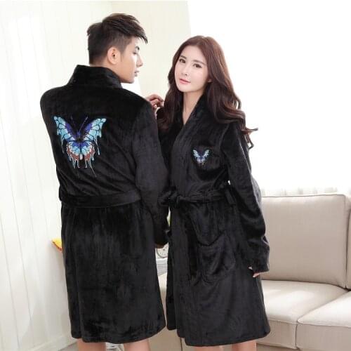 Autumn couples Flannel Robe men gown coral fleece women winter bathing robes thicker warm home clothing butterfly embroidery
