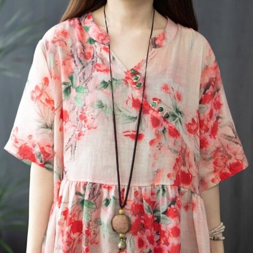 Ramie and Cotton V-neck Medium and Long Dress for Korean Loose Size Womens Art Print Women Clothing Vintage