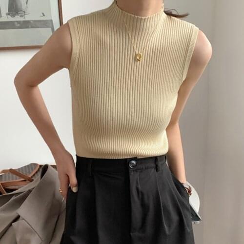 Half High Collar Sexy Tank Tops Women Sleeveless Knitted Vest Female Elasticity Solid Slim Pullover 2021 Summer Solid Bottoming