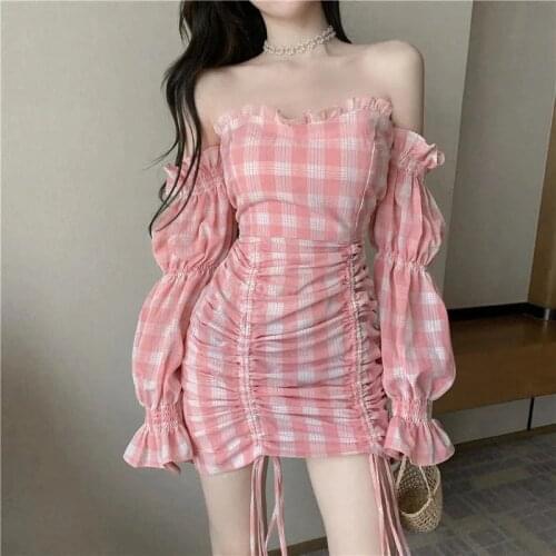 Pink sweet plaid dress summer sexy off shoulder dresses 2020 new waist ruched package hip dresses vestidos LN1