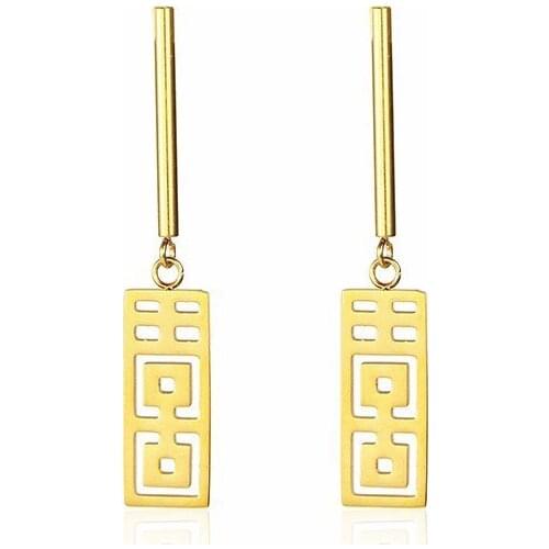 RIR Stainless Steel Gold Cylindrical Square Chinese Word Drop Earrings Wild Ladies Wedding Bridesmaid Jewelry Gifts