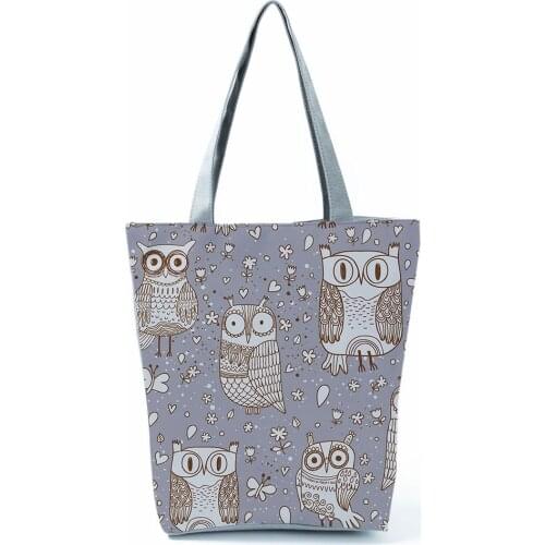 Cute Owl Printed Handbag Purple Foldable Shopping Bag Cartoon High Capacity Eco Reusable Women Shoulder Bag Can Custom Pattern