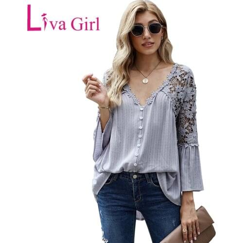 LIVA GIRL Woman Plus Size Loose Crochet Lace Button Tops Female Casual Patchwork Pillovers 2021 Solid Oversize Autumn Blouse XXL