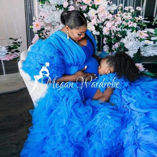 Royal Blue Mommy & Me Tulle Dresses Extra Puffy High Low Strapless Long Mother And Daughter Dressing Gowns For Birthday Party