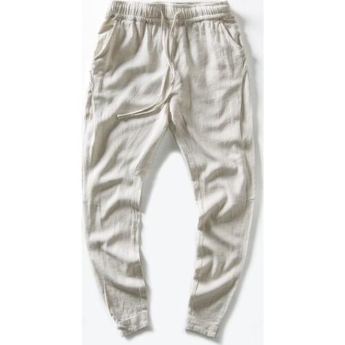 High quality Mens Summer Casual Pants Slim Fit Cotton Linen Trousers Drawstring Elastic Waist Ankle Length Pencil Pants PT-333