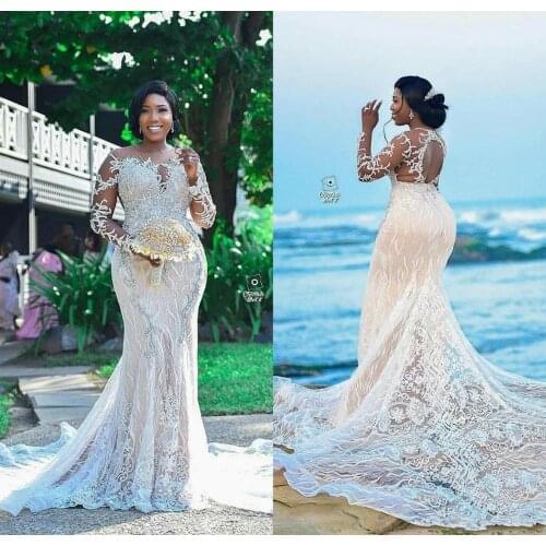 South African Plus Size Beach Wedding Dresses 2021 Lace Applique Sheer Jewel Neck Mermaid Brides Gowns Sweep Train Long Sleeve