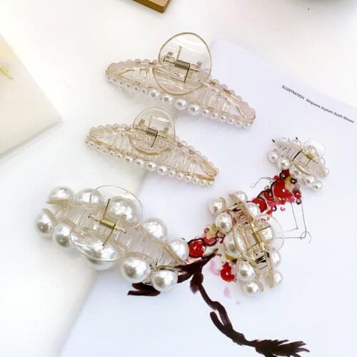 Large Medium Small Sizes Acrylic Alloy Hair Claws Jaw Clips White Simulated Pearls Headwear for Women
