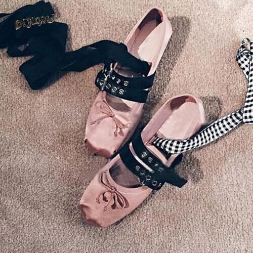 DIJIGIRLS brand same design women soft buckle belt butterfly bow flat shoes female lacing up bandage ballet shoes for women