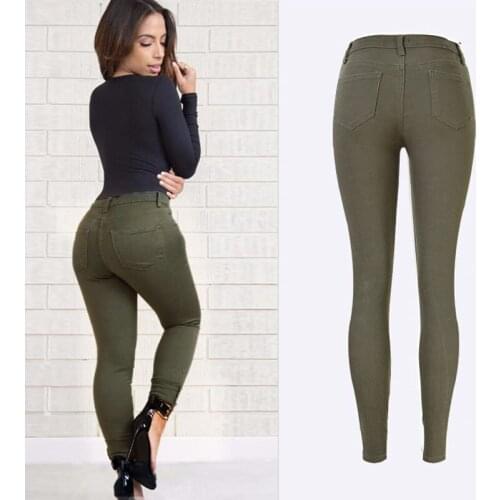 2021 Summer Fashion Femme Denim Jeans High Waist Army Green Trousers For Women Ripped Skinny Torn Jeans Pants Boyfriend Pants