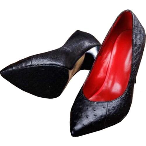 Ourui New True Ostrich Leather Shoes High Heels Pink Shallow Mouth Simple Women