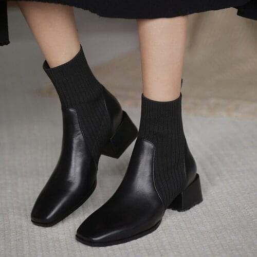 Ins Patchwork knitted boots women winter slip on short stretch botas femininas square toe chunky heels weaving sock botines 2021