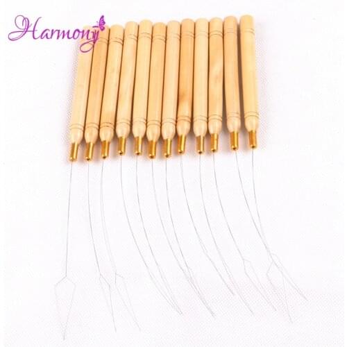10pcs/lot Nano beads Wooden Handle Pulling Loop Needle for human hair Hair Extension Tools