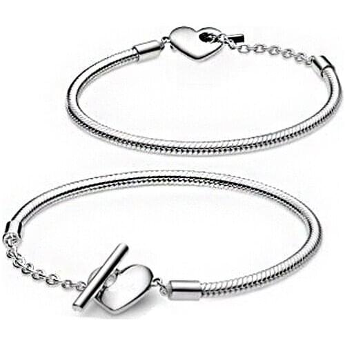 2021 Valentines Day New 925 Sterling Silver T-shaped Heart Buckle Snake Chain Bracelet Women DIY Fashion Jewelry Gift