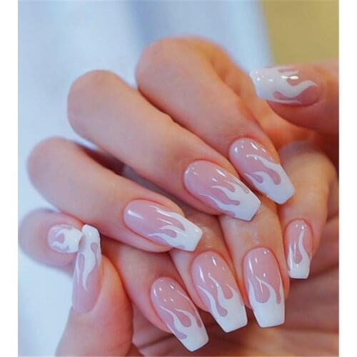 24Pcs Pink Flame Fake Nails Wearable False Nails Press On Nails Square Head Full Cover Detachable French Tips Artifical Nails